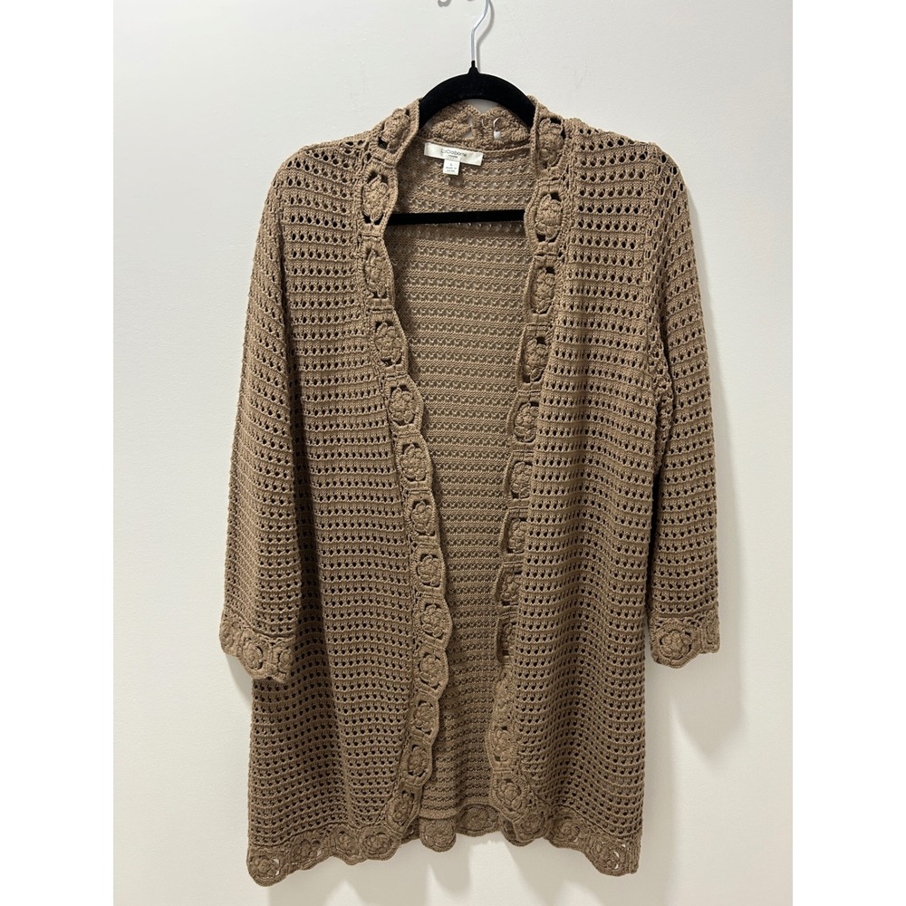 Liz Claiborne New York Taupe Crochet Trim Pointelle Open Front Cardigan Large‎